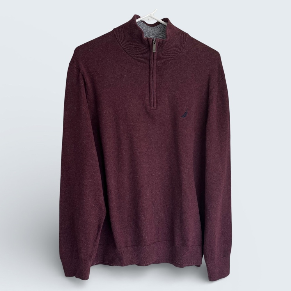 Nautica MENS Dark Burgundy Cotton Quarter Zip Sweater Size L